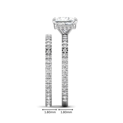 Princess cut lab grown diamond bridal ring set featuring a 1.96 carat IGI certified center diamond, hidden halo engagement ring, and matching round diamond eternity wedding band in white gold.