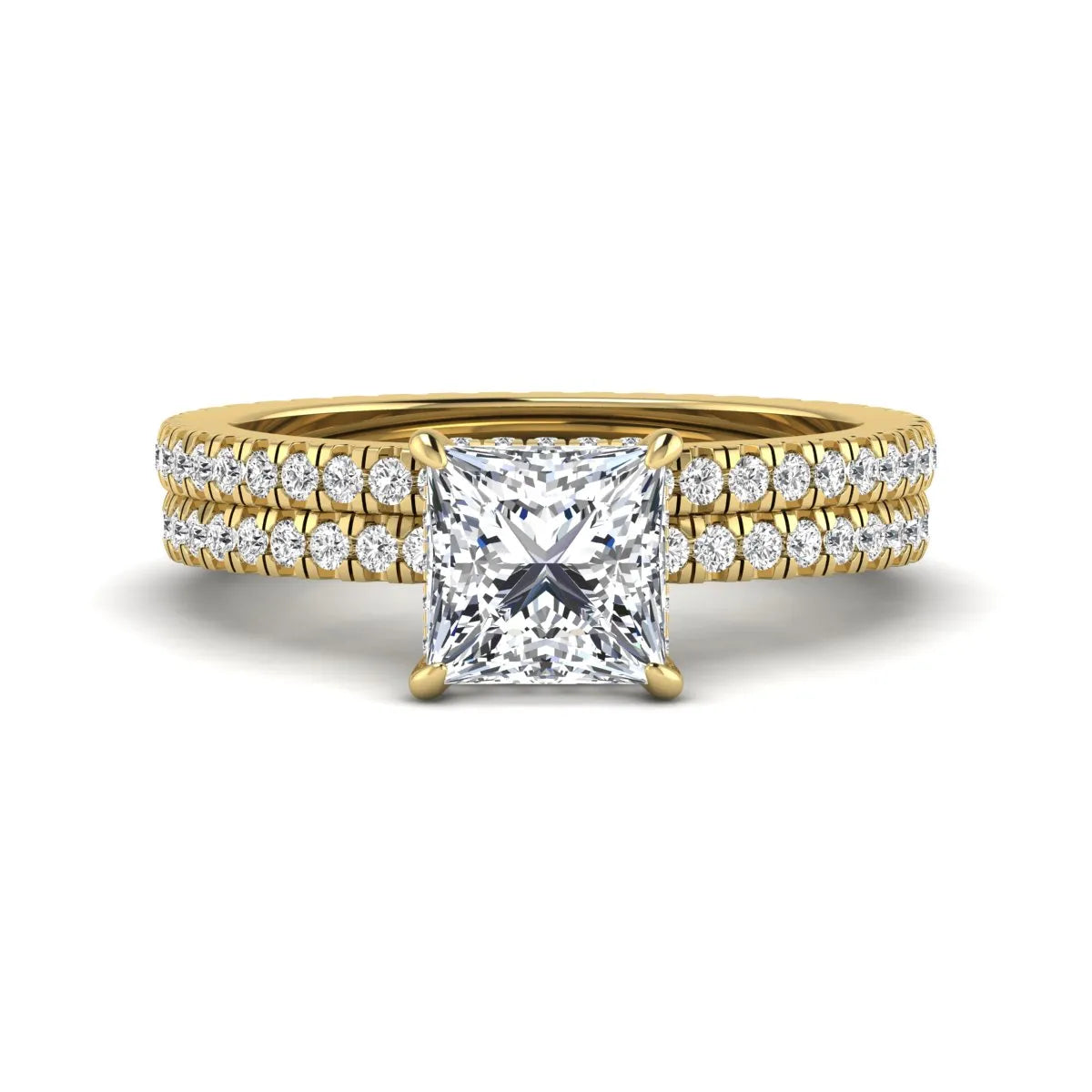 Princess cut lab grown diamond bridal ring set featuring a 1.96 carat IGI certified center diamond, hidden halo engagement ring, and matching round diamond eternity wedding band in yellow gold.