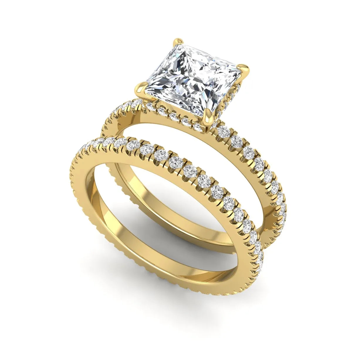 Princess cut lab grown diamond bridal ring set featuring a 1.96 carat IGI certified center diamond, hidden halo engagement ring, and matching round diamond eternity wedding band in yellow gold.