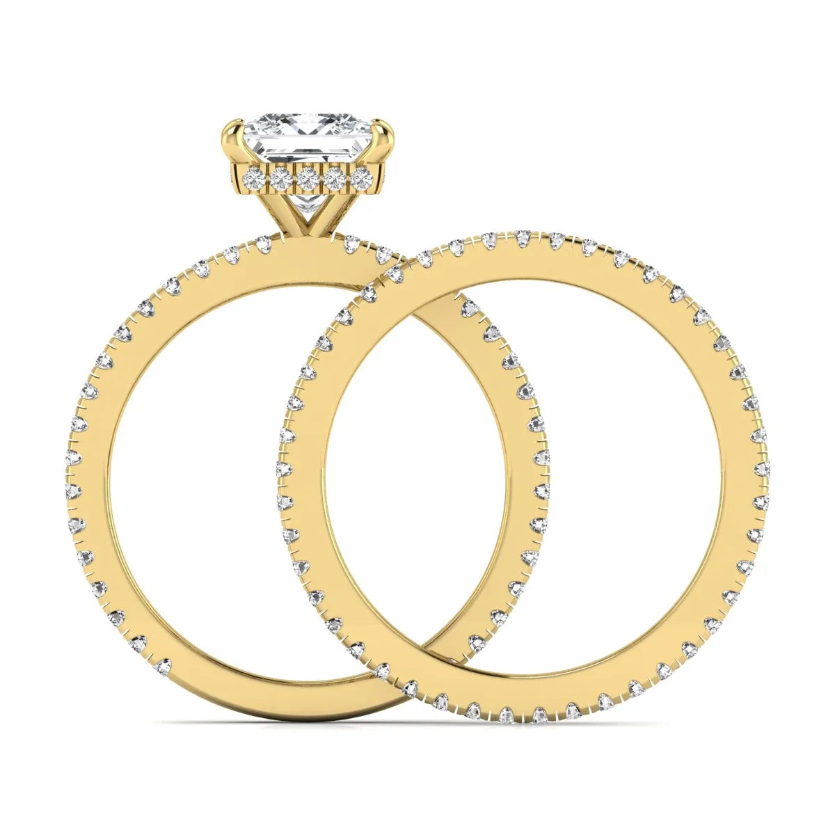 Princess cut lab grown diamond bridal ring set featuring a 1.96 carat IGI certified center diamond, hidden halo engagement ring, and matching round diamond eternity wedding band in yellow gold.
