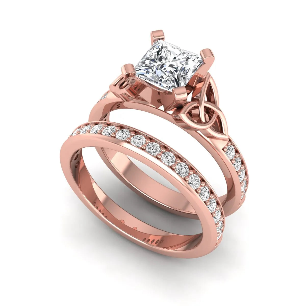 Princess cut lab grown diamond Celtic knot bridal ring set featuring a matching pavé diamond wedding band in rose gold.