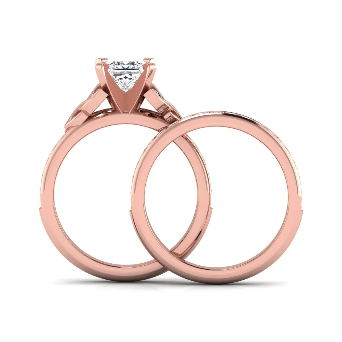 Princess cut lab grown diamond Celtic knot bridal ring set featuring a matching pavé diamond wedding band in rose gold.