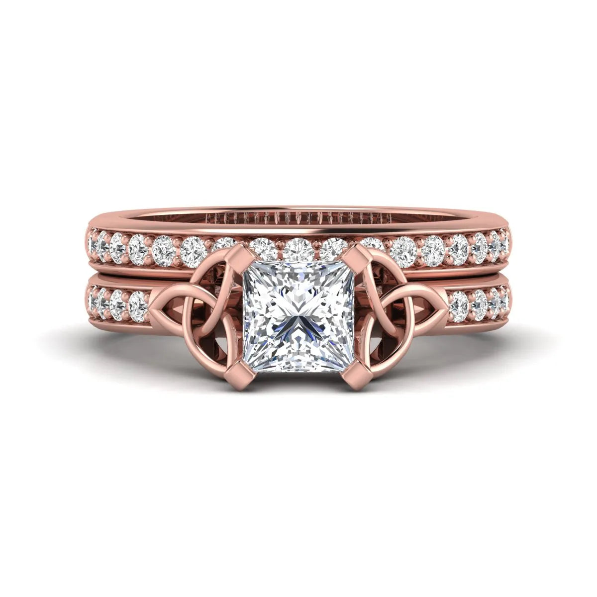 Princess cut lab grown diamond Celtic knot bridal ring set featuring a matching pavé diamond wedding band in rose gold.