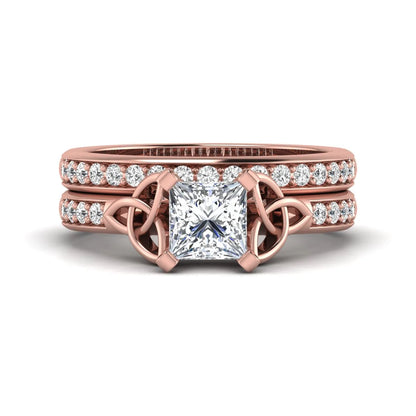 Princess cut lab grown diamond Celtic knot bridal ring set featuring a matching pavé diamond wedding band in rose gold.
