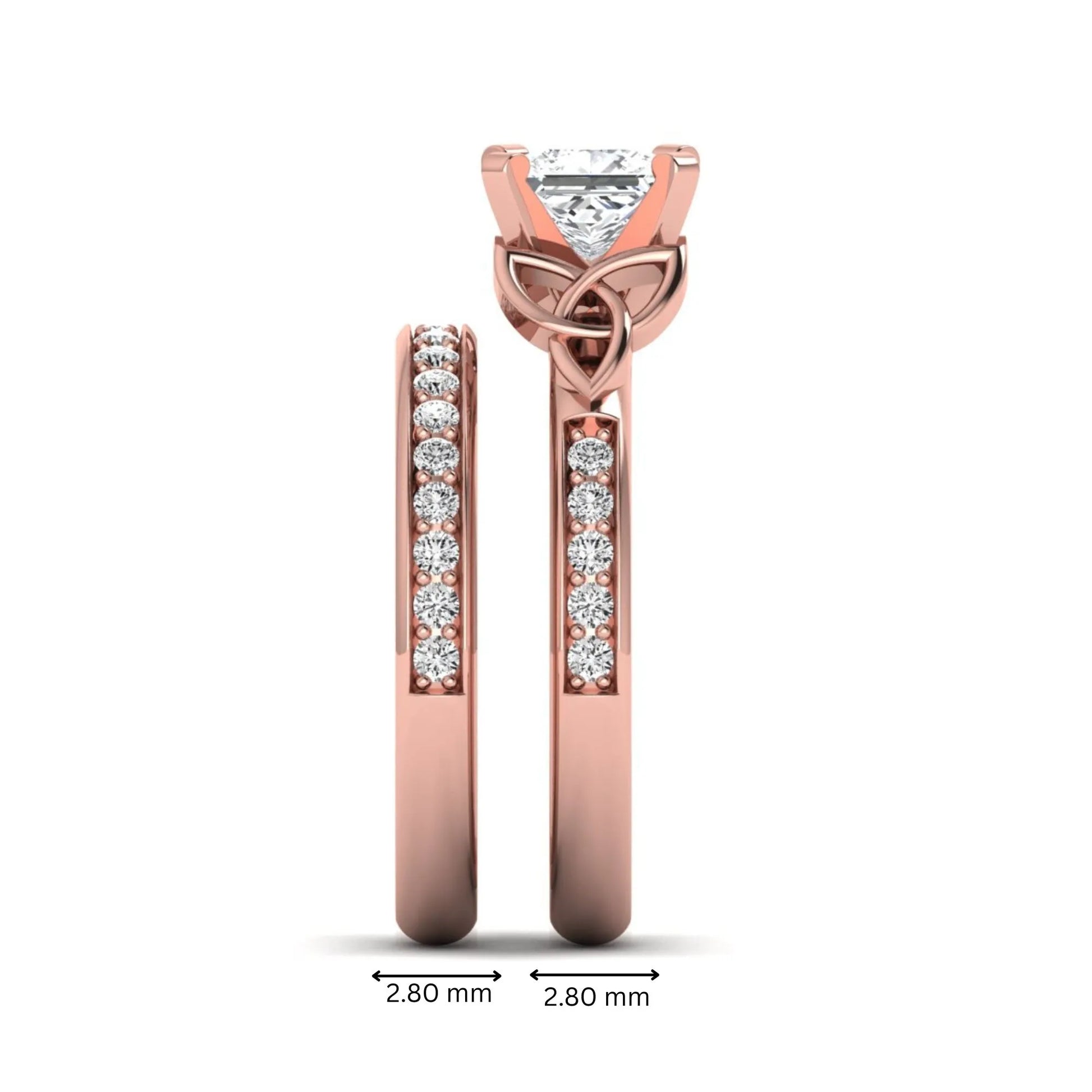 Princess cut lab grown diamond Celtic knot bridal ring set featuring a matching pavé diamond wedding band in rose gold.
