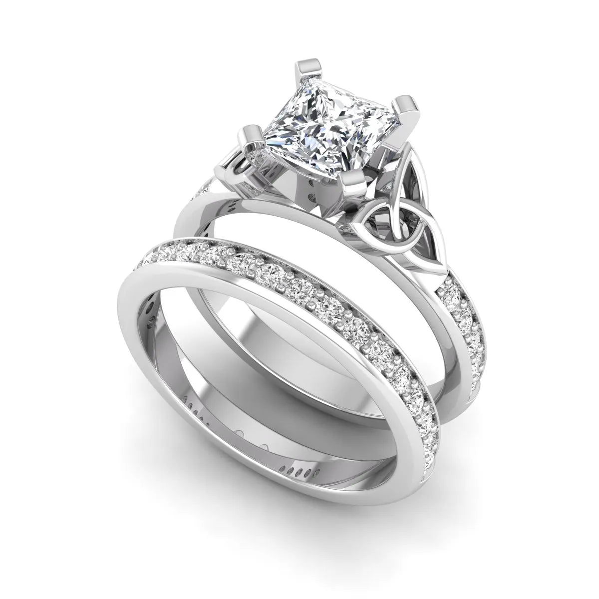 Princess cut lab grown diamond Celtic knot bridal ring set featuring a matching pavé diamond wedding band in white gold.
