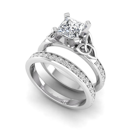 Princess cut lab grown diamond Celtic knot bridal ring set featuring a matching pavé diamond wedding band in white gold.