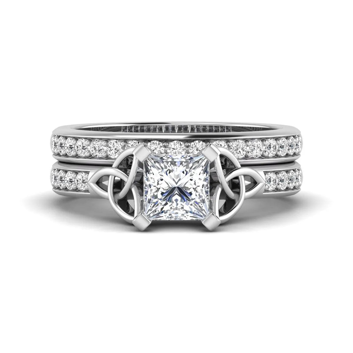 Princess cut lab grown diamond Celtic knot bridal ring set featuring a matching pavé diamond wedding band in white gold.