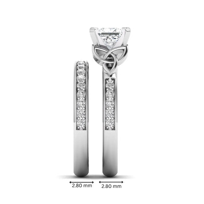 Princess cut lab grown diamond Celtic knot bridal ring set featuring a matching pavé diamond wedding band in white gold.