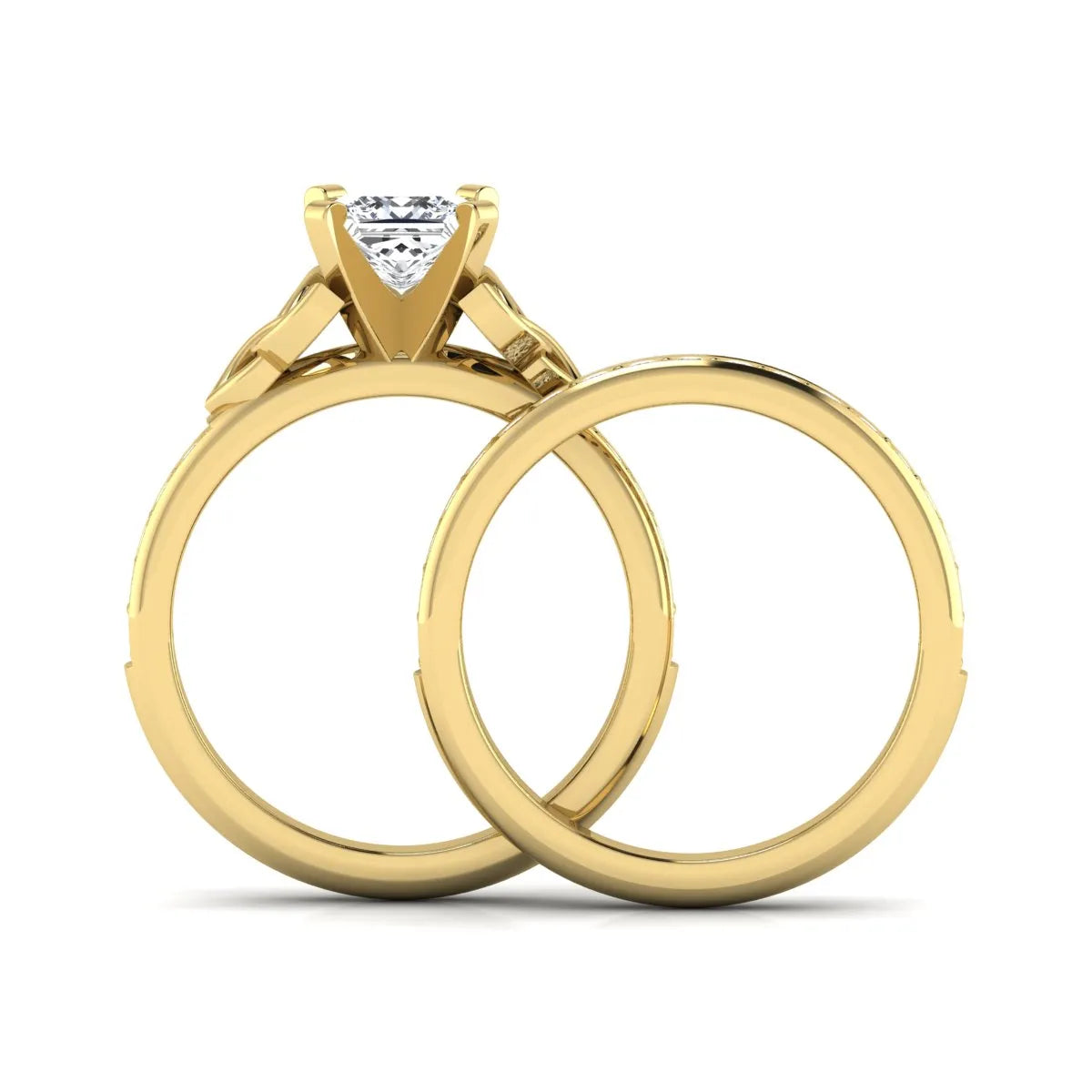 Princess cut lab grown diamond Celtic knot bridal ring set featuring a matching pavé diamond wedding band in yellow gold.