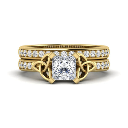Princess cut lab grown diamond Celtic knot bridal ring set featuring a matching pavé diamond wedding band in yellow gold.