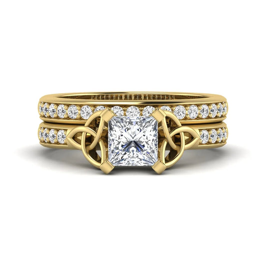 Princess cut lab grown diamond Celtic knot bridal ring set featuring a matching pavé diamond wedding band in yellow gold.