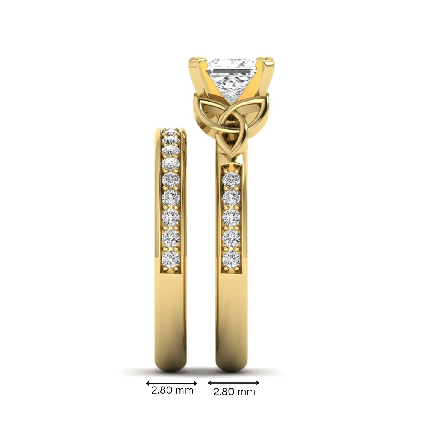 Princess cut lab grown diamond Celtic knot bridal ring set featuring a matching pavé diamond wedding band in yellow gold.