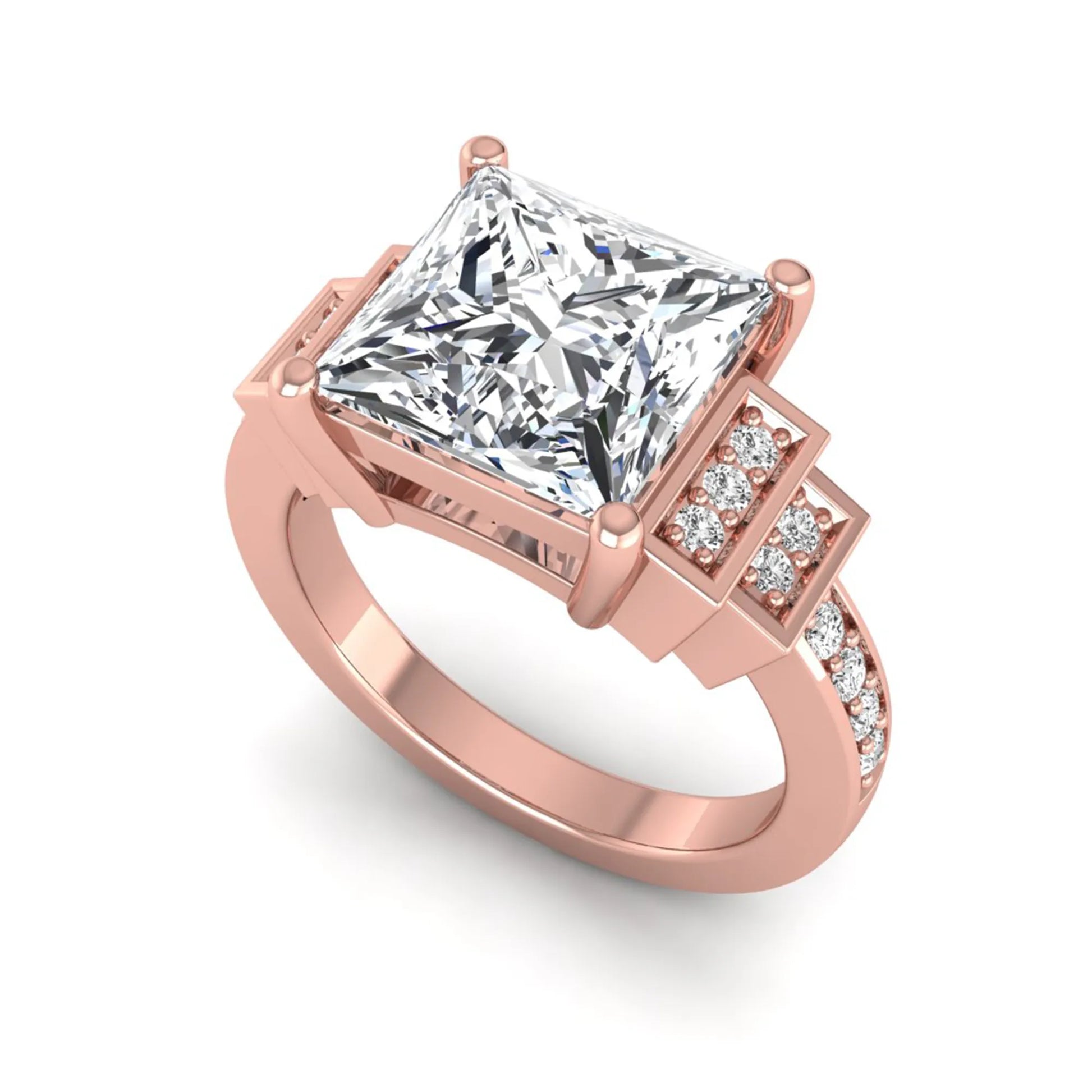 Princess cut lab grown diamond engagement ring featuring a 4.12 carat IGI certified center diamond with channel set round side diamonds in rose gold.