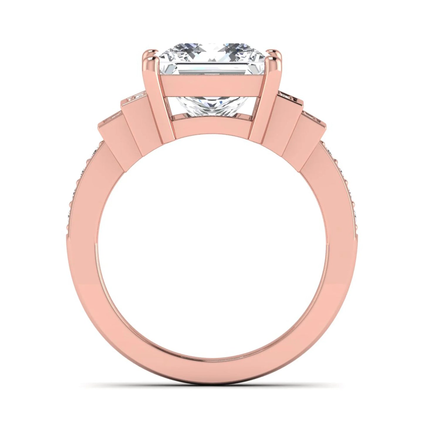 Princess cut lab grown diamond engagement ring featuring a 4.12 carat IGI certified center diamond with channel set round side diamonds in rose gold.