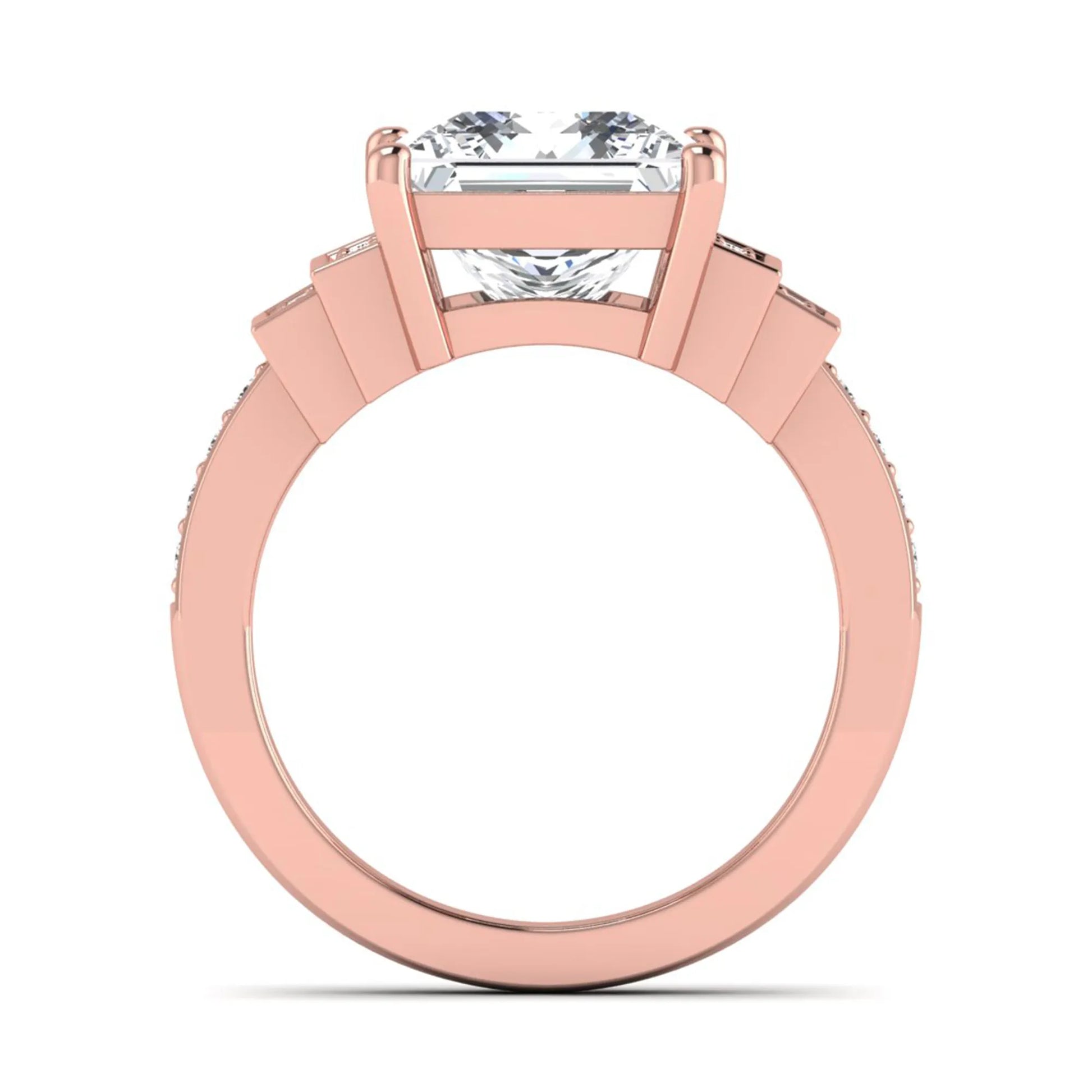 Princess cut lab grown diamond engagement ring featuring a 4.12 carat IGI certified center diamond with channel set round side diamonds in rose gold.