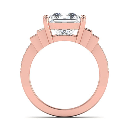 Princess cut lab grown diamond engagement ring featuring a 4.12 carat IGI certified center diamond with channel set round side diamonds in rose gold.