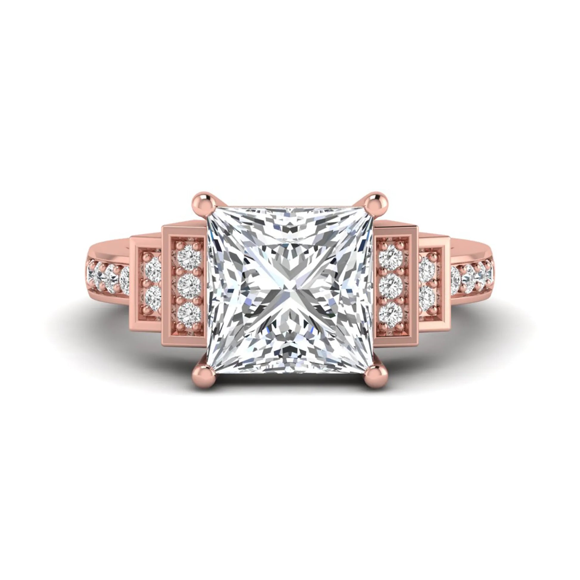 Princess cut lab grown diamond engagement ring featuring a 4.12 carat IGI certified center diamond with channel set round side diamonds in rose gold.