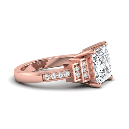 Princess cut lab grown diamond engagement ring featuring a 4.12 carat IGI certified center diamond with channel set round side diamonds in rose gold.