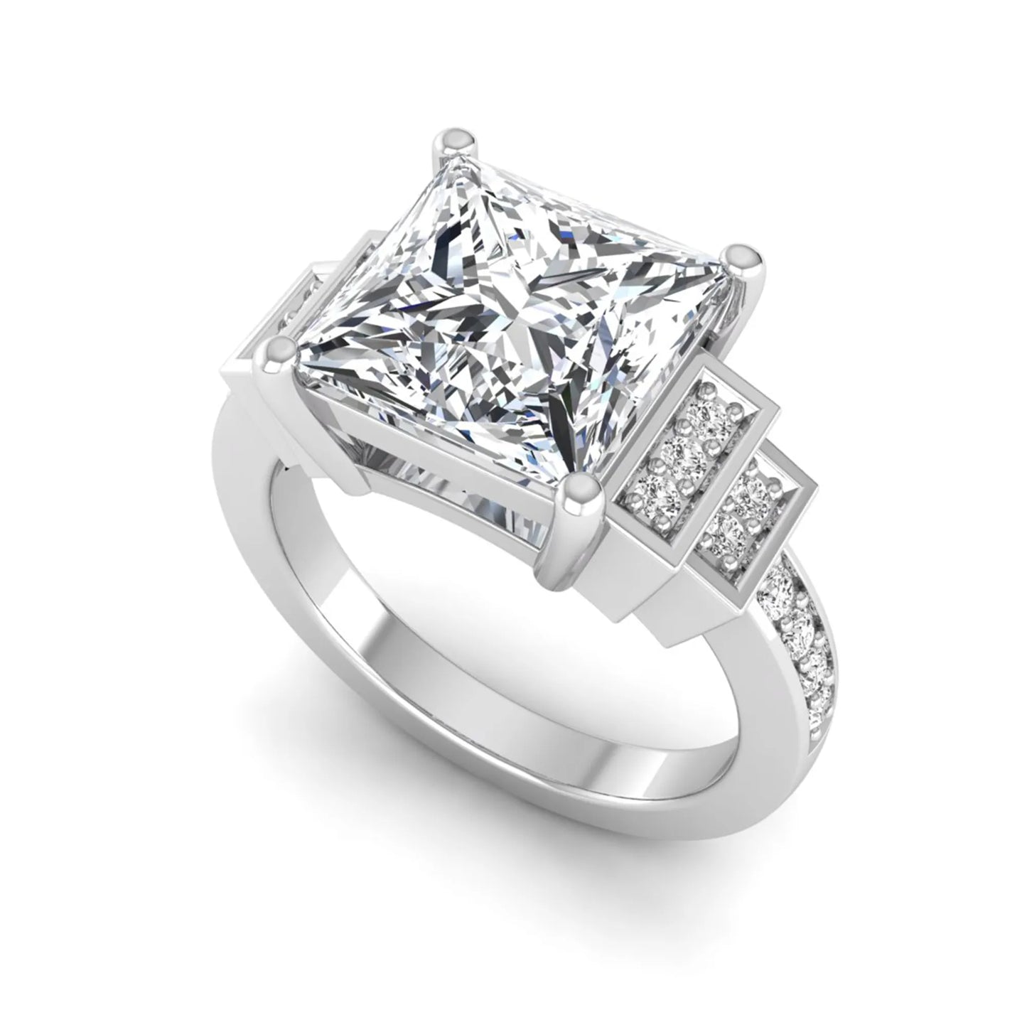 Princess cut lab grown diamond engagement ring featuring a 4.12 carat IGI certified center diamond with channel set round side diamonds in white gold.