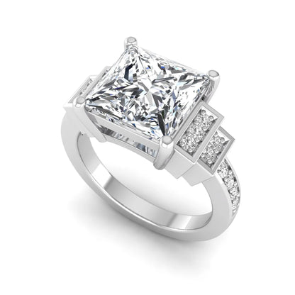 Princess cut lab grown diamond engagement ring featuring a 4.12 carat IGI certified center diamond with channel set round side diamonds in white gold.