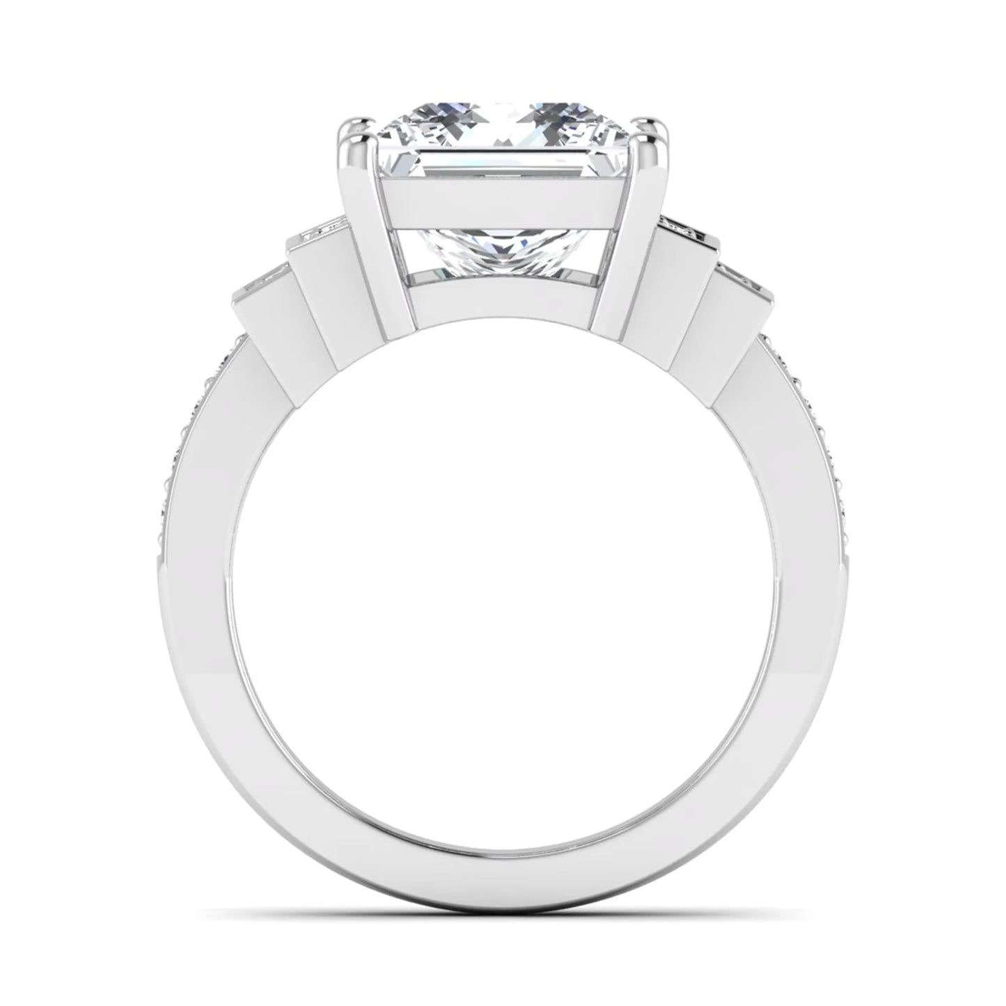 Princess cut lab grown diamond engagement ring featuring a 4.12 carat IGI certified center diamond with channel set round side diamonds in white gold.