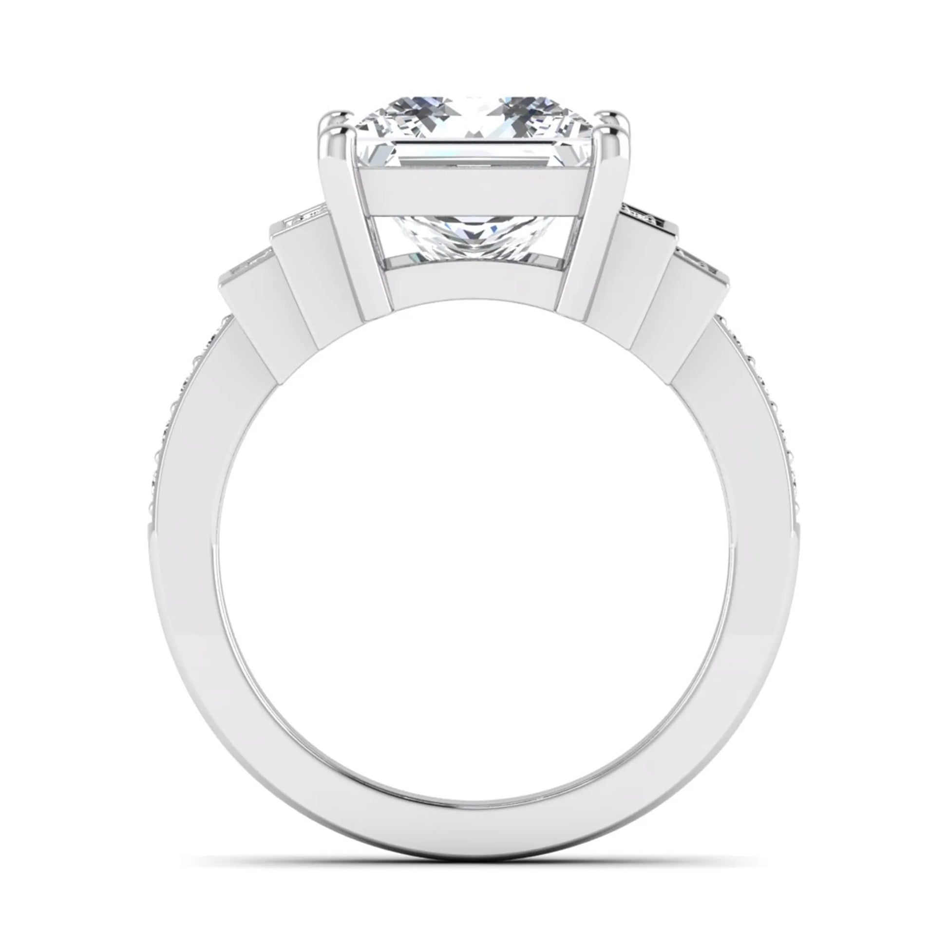 Princess cut lab grown diamond engagement ring featuring a 4.12 carat IGI certified center diamond with channel set round side diamonds in white gold.