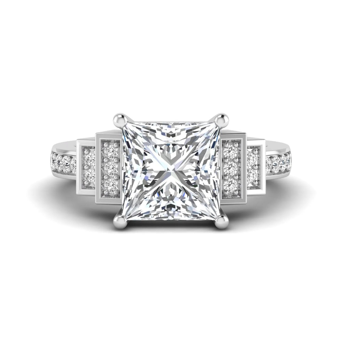 Princess cut lab grown diamond engagement ring featuring a 4.12 carat IGI certified center diamond with channel set round side diamonds in white gold.