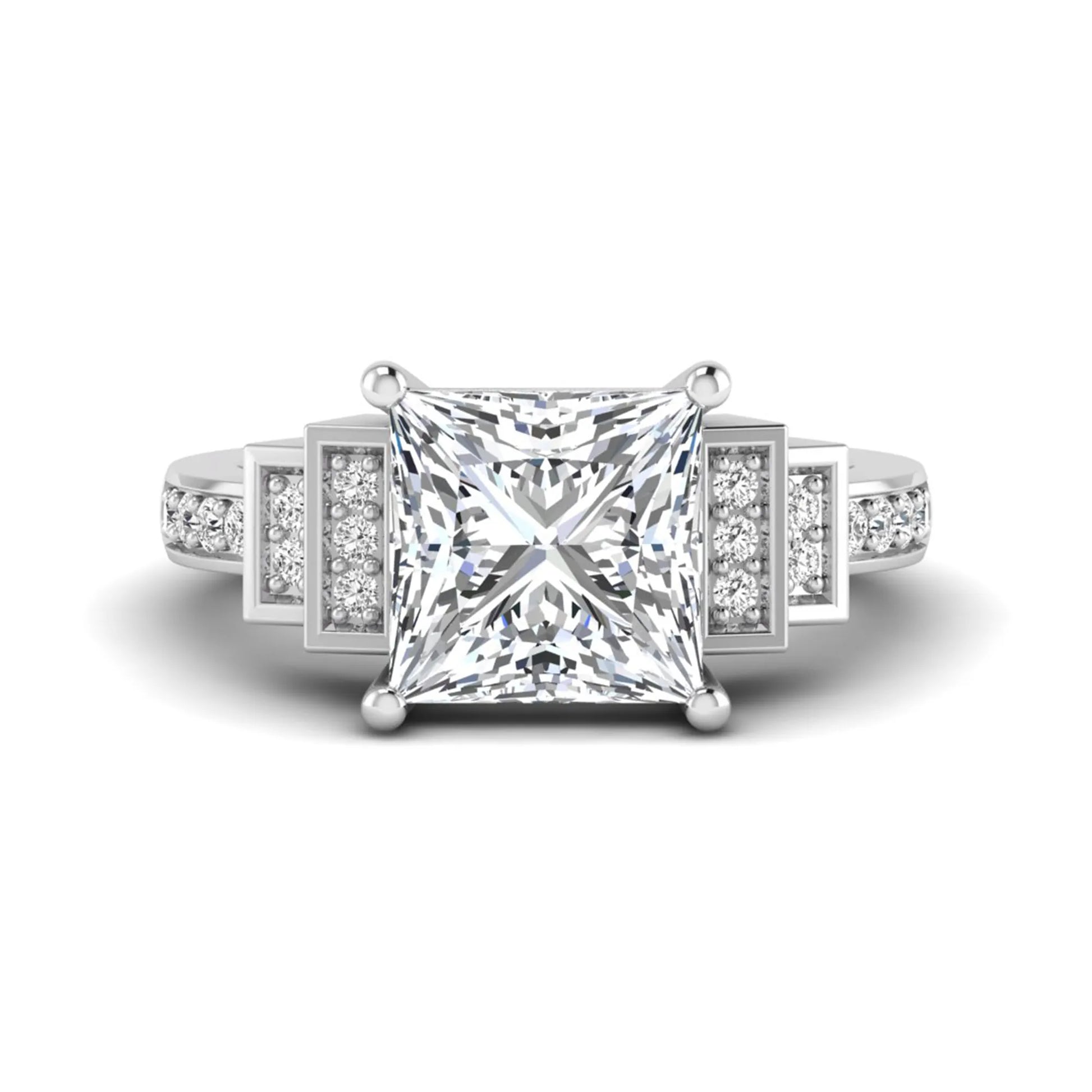 Princess cut lab grown diamond engagement ring featuring a 4.12 carat IGI certified center diamond with channel set round side diamonds in white gold.
