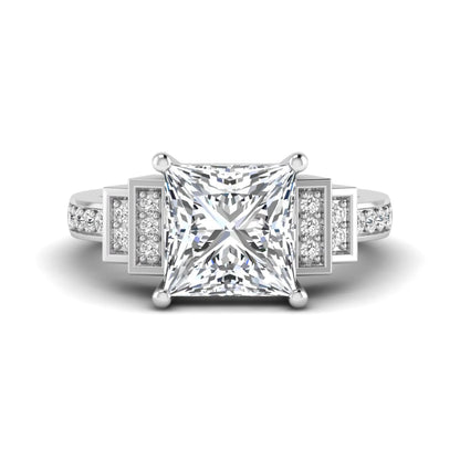 Princess cut lab grown diamond engagement ring featuring a 4.12 carat IGI certified center diamond with channel set round side diamonds in white gold.