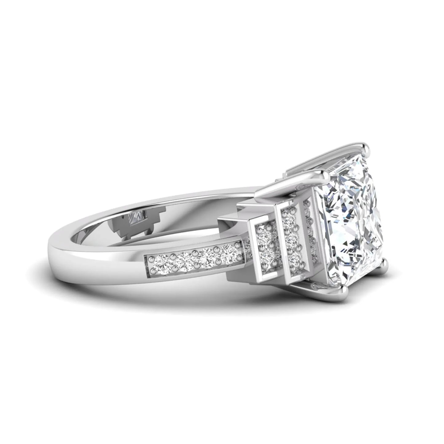 Princess cut lab grown diamond engagement ring featuring a 4.12 carat IGI certified center diamond with channel set round side diamonds in white gold.
