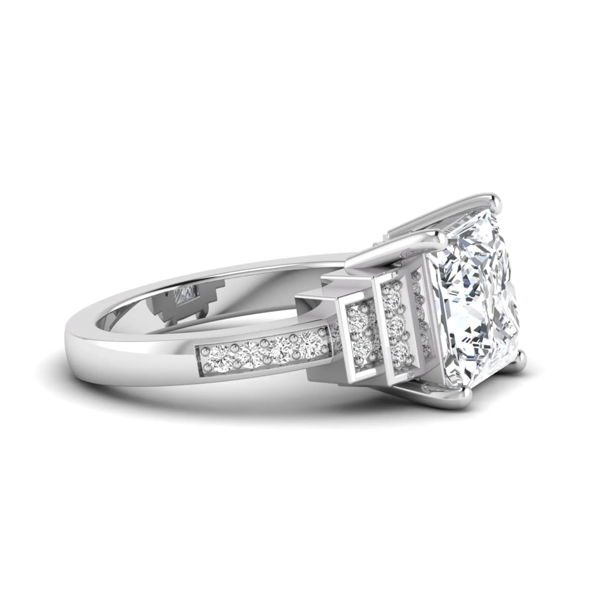 Princess cut lab grown diamond engagement ring featuring a 4.12 carat IGI certified center diamond with channel set round side diamonds in white gold.