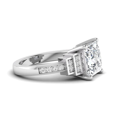 Princess cut lab grown diamond engagement ring featuring a 4.12 carat IGI certified center diamond with channel set round side diamonds in white gold.