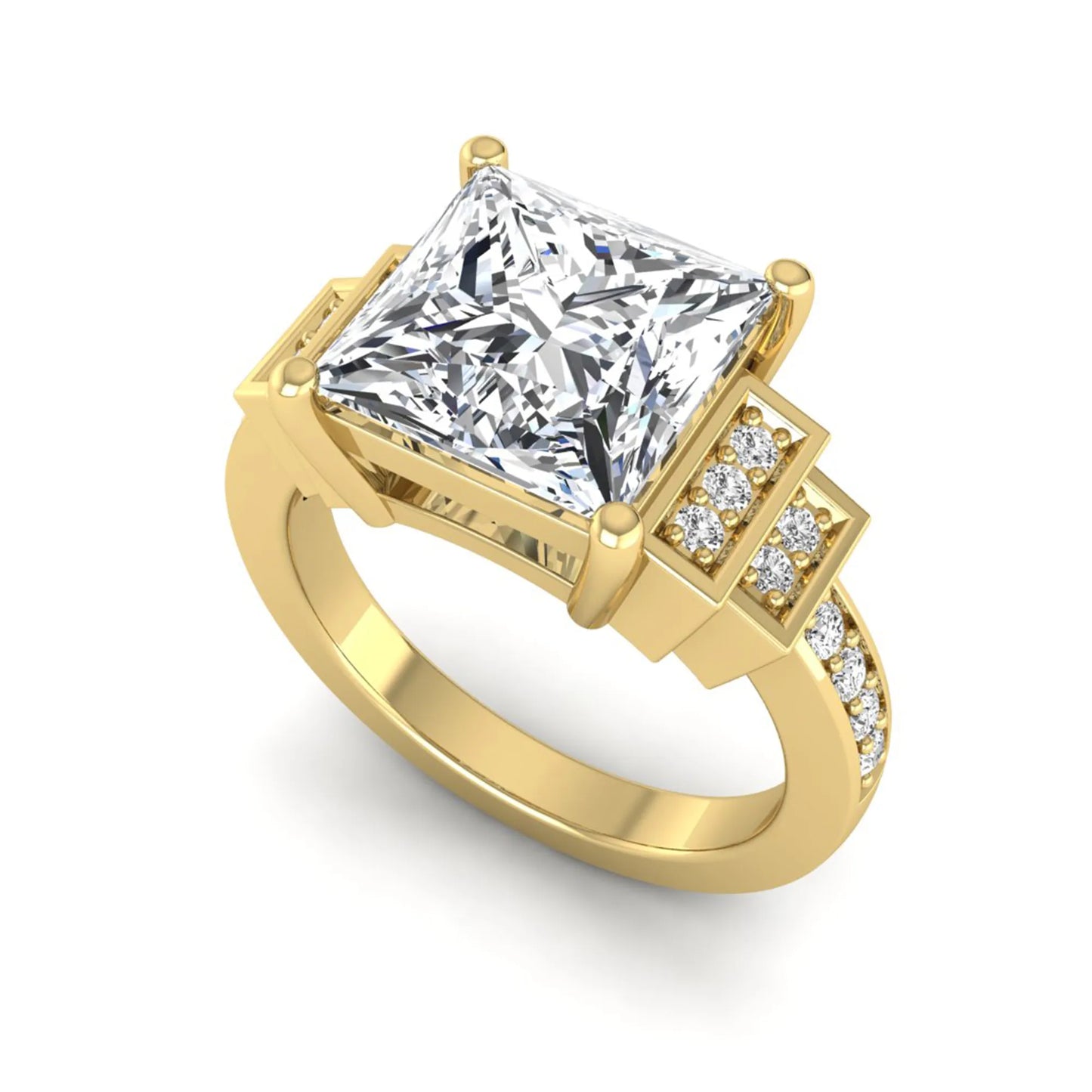 Princess cut lab grown diamond engagement ring featuring a 4.12 carat IGI certified center diamond with channel set round side diamonds in yellow gold.
