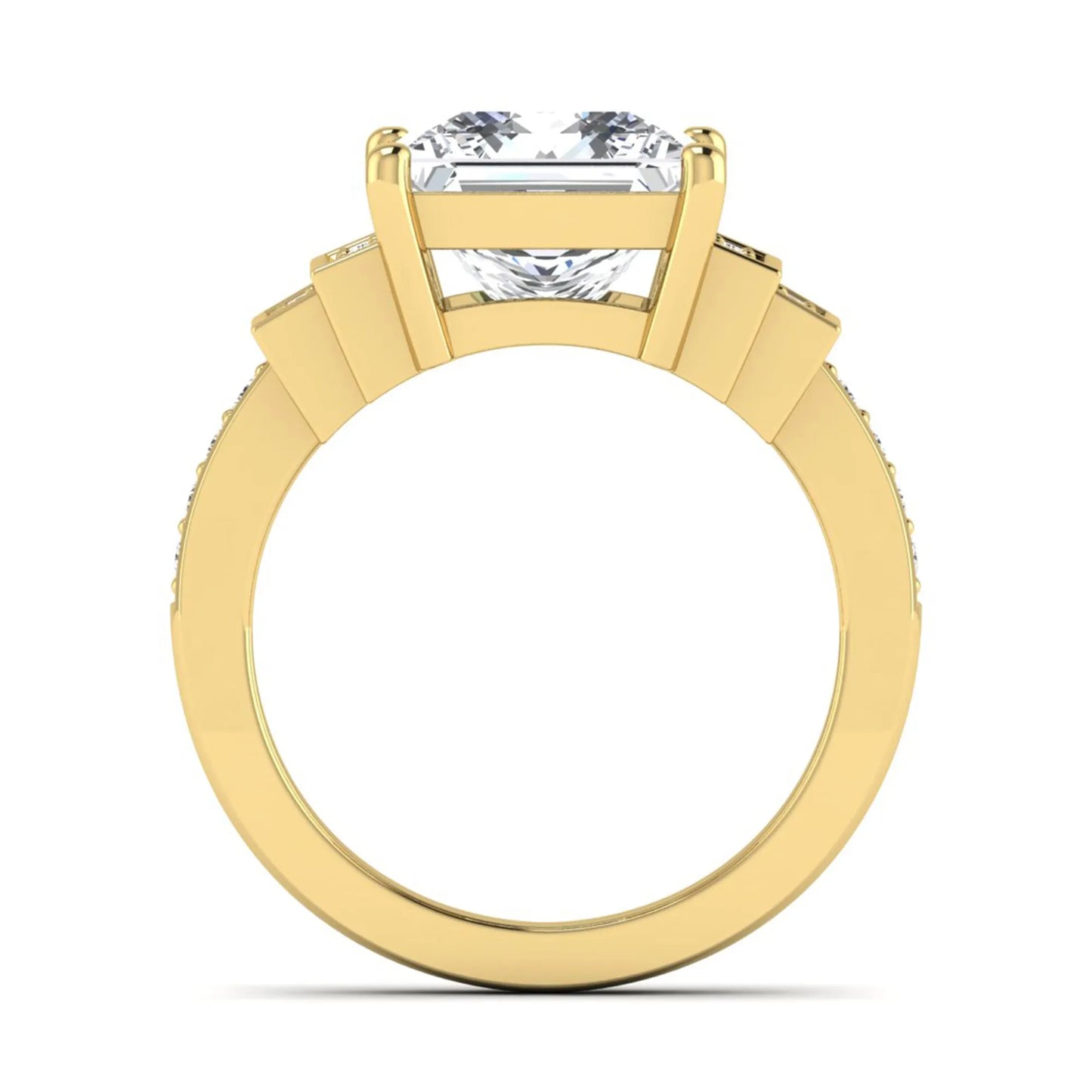 Princess cut lab grown diamond engagement ring featuring a 4.12 carat IGI certified center diamond with channel set round side diamonds in yellow gold.