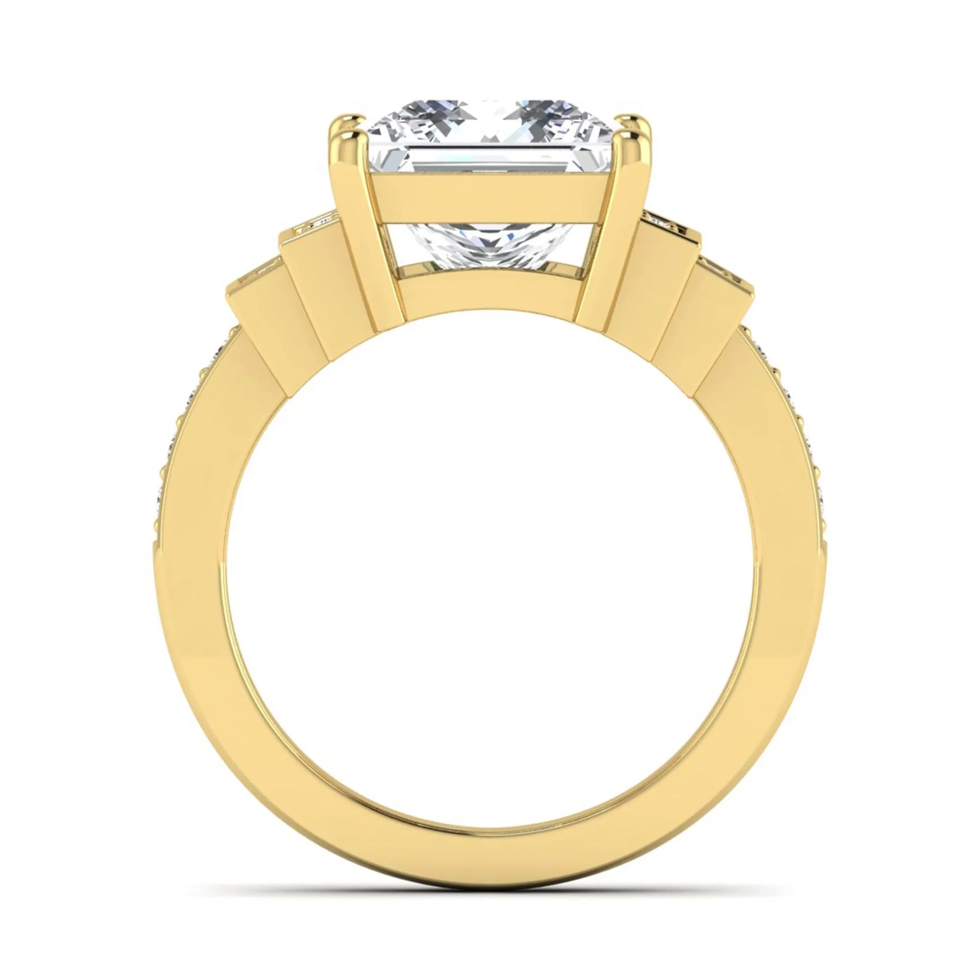 Princess cut lab grown diamond engagement ring featuring a 4.12 carat IGI certified center diamond with channel set round side diamonds in yellow gold.