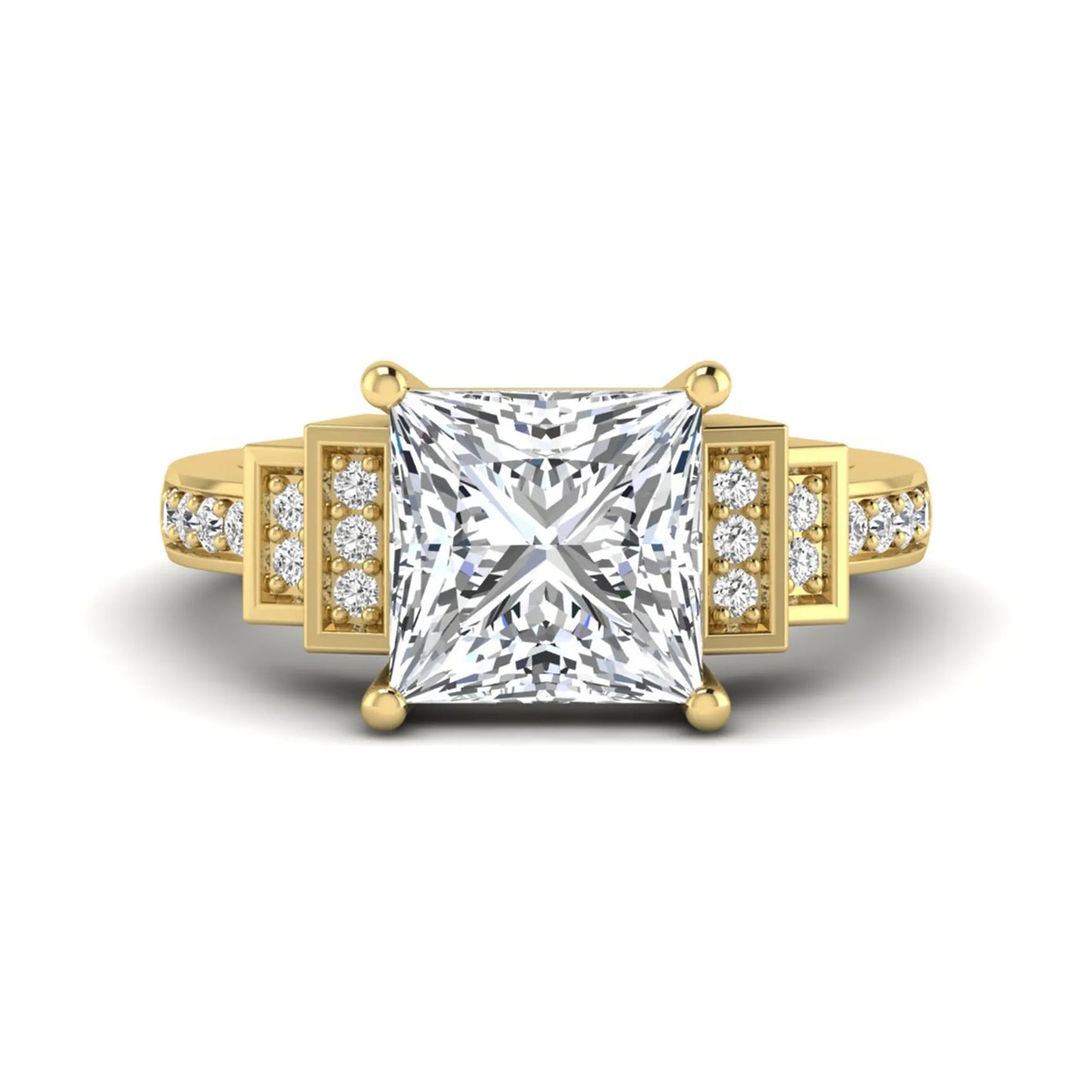 Princess cut lab grown diamond engagement ring featuring a 4.12 carat IGI certified center diamond with channel set round side diamonds in yellow gold.