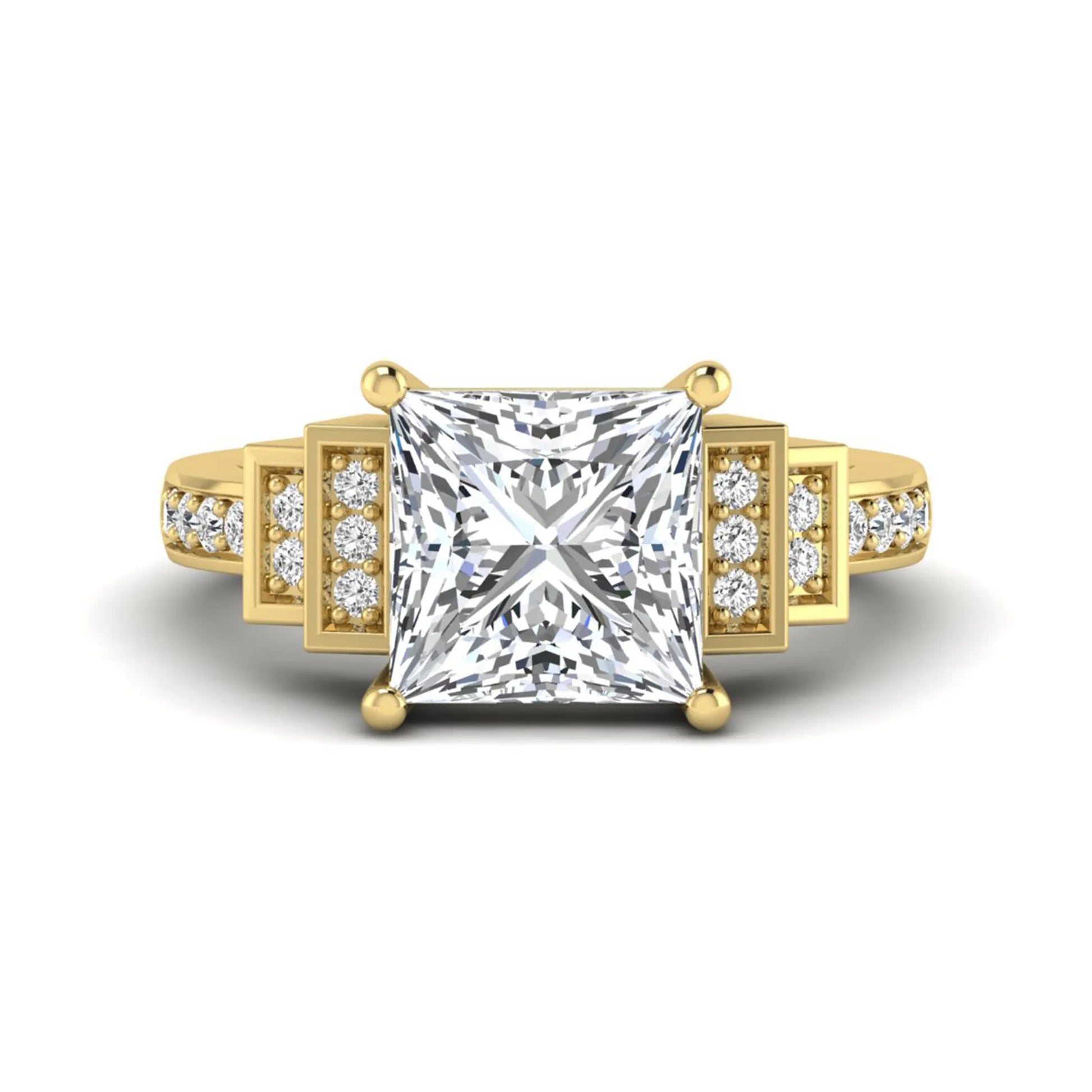 Princess cut lab grown diamond engagement ring featuring a 4.12 carat IGI certified center diamond with channel set round side diamonds in yellow gold.