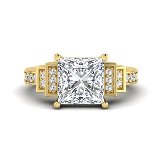 Princess cut lab grown diamond engagement ring featuring a 4.12 carat IGI certified center diamond with channel set round side diamonds in yellow gold.