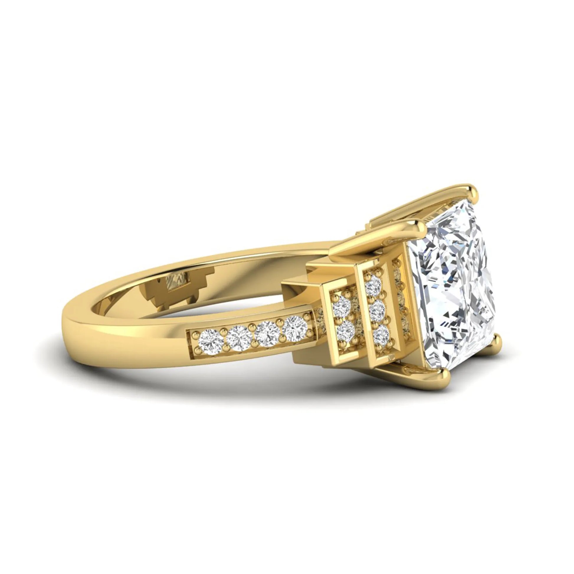 Princess cut lab grown diamond engagement ring featuring a 4.12 carat IGI certified center diamond with channel set round side diamonds in yellow gold.