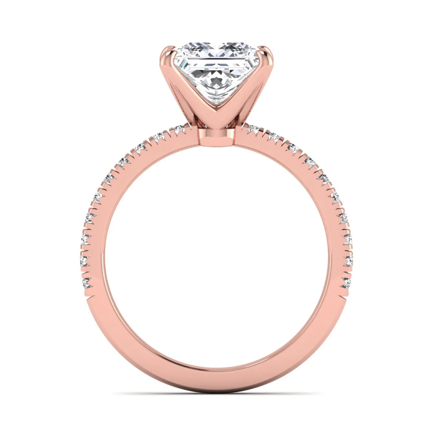 Princess cut lab grown diamond pavé engagement ring featuring a 3.01 carat IGI certified center diamond in rose gold.