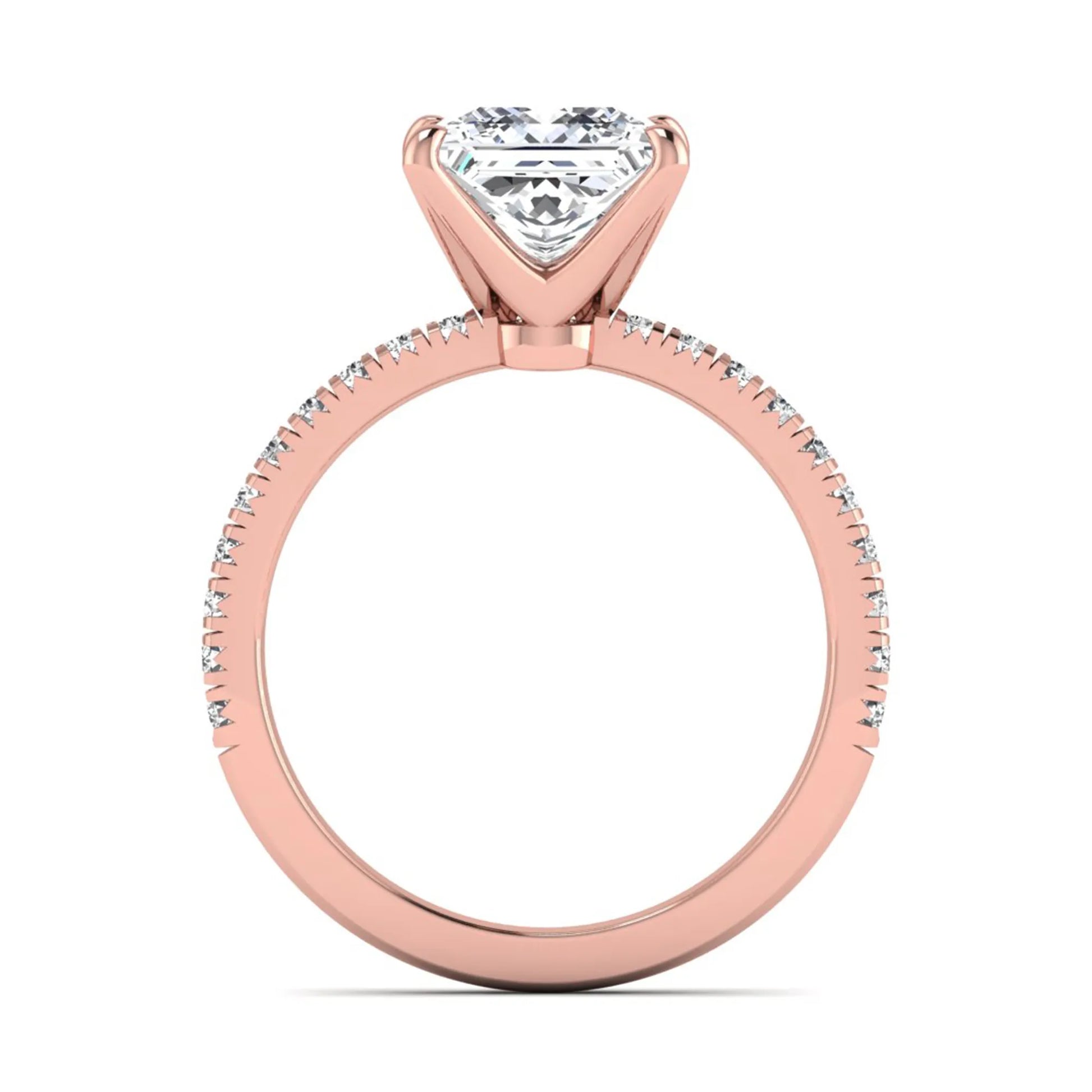 Princess cut lab grown diamond pavé engagement ring featuring a 3.01 carat IGI certified center diamond in rose gold.