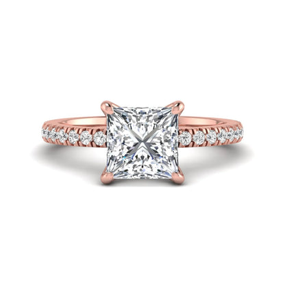 Princess cut lab grown diamond pavé engagement ring featuring a 3.01 carat IGI certified center diamond in rose gold.
