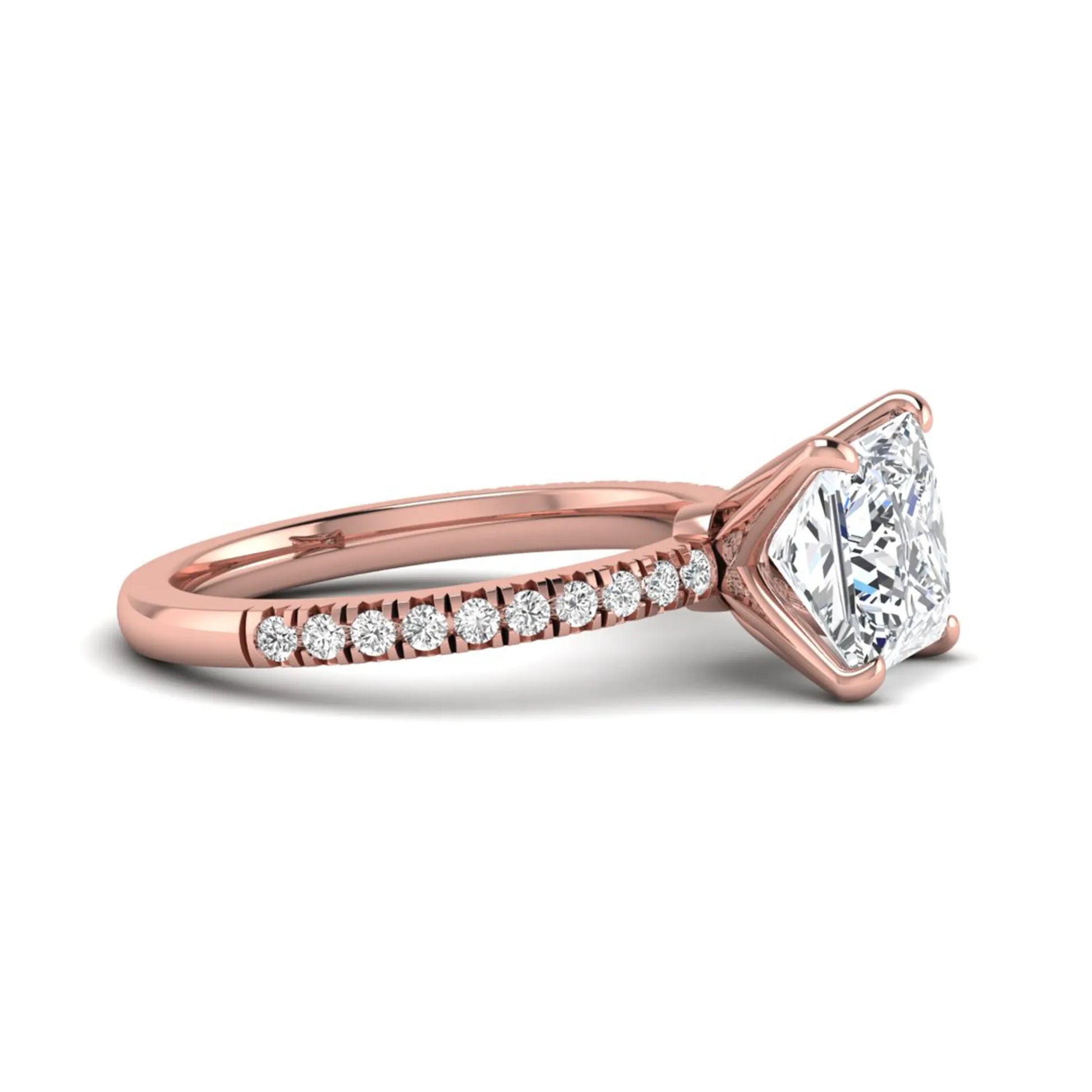 Princess cut lab grown diamond pavé engagement ring featuring a 3.01 carat IGI certified center diamond in rose gold.