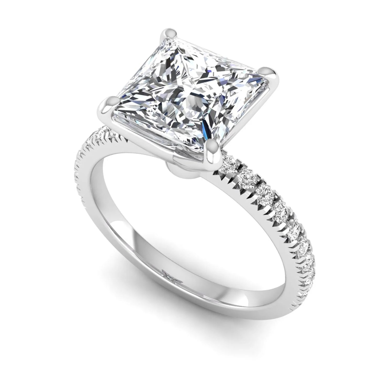 Princess cut lab grown diamond pavé engagement ring featuring a 3.01 carat IGI certified center diamond in white gold.