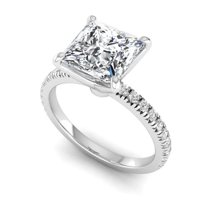 Princess cut lab grown diamond pavé engagement ring featuring a 3.01 carat IGI certified center diamond in white gold.
