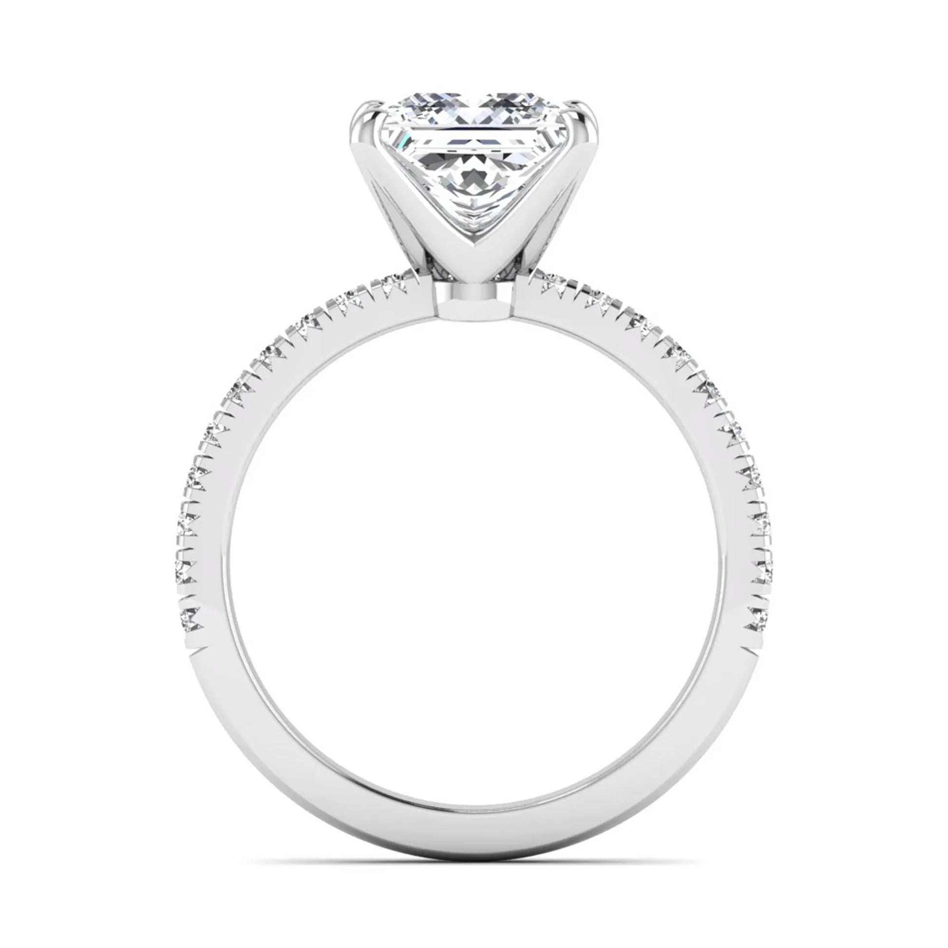 Princess cut lab grown diamond pavé engagement ring featuring a 3.01 carat IGI certified center diamond in white gold.