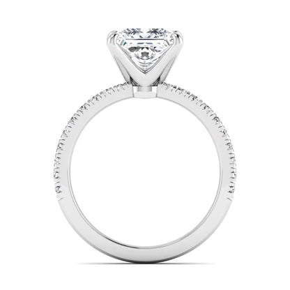 Princess cut lab grown diamond pavé engagement ring featuring a 3.01 carat IGI certified center diamond in white gold.