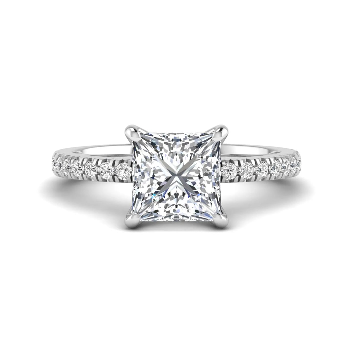 Princess cut lab grown diamond pavé engagement ring featuring a 3.01 carat IGI certified center diamond in white gold.