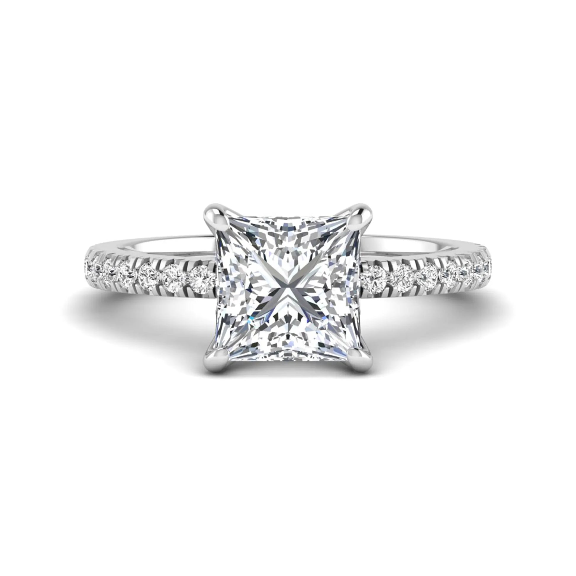 Princess cut lab grown diamond pavé engagement ring featuring a 3.01 carat IGI certified center diamond in white gold.